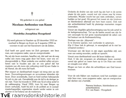 Nicolaas Anthonius van Kaam- Hendrika Josephina Hoogeland